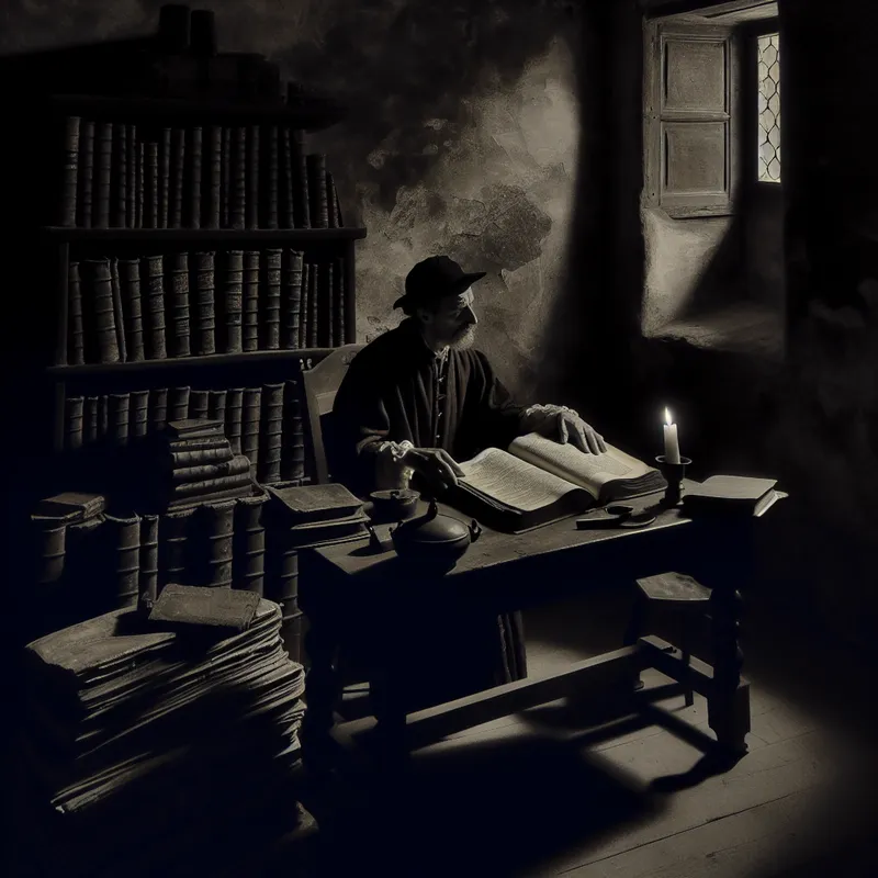 Een persoon zit in een dimverlichte kamer vol oude boeken en een open woordenboek op een houten tafel, diep in gedachten over de betekenis van woorden.
