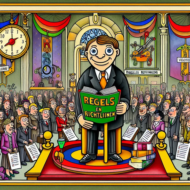 Een kleurrijke cartoon van een regelgevende autoriteit aan een spreekgestoelte met een boek 'Regels en Richtlijnen', omgeven door diverse cartoonachtige zakenmensen die naleving tonen.
