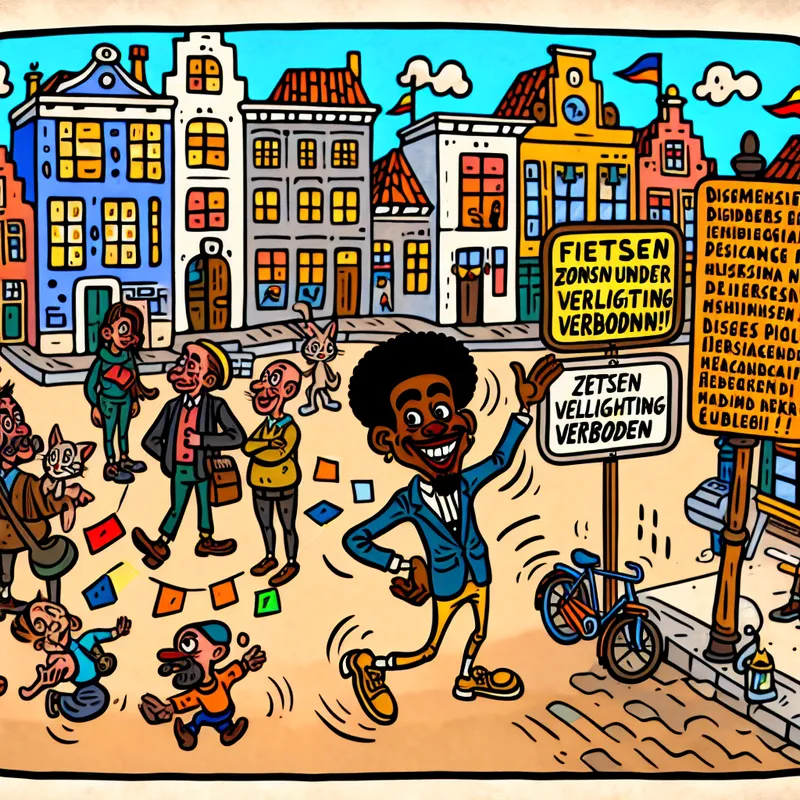 Een cartoonachtige afbeelding van een levendig stadsplein met inwoners die interactie hebben met kleurrijke borden over regels. Een vrolijke figuur wijst naar een bord met de tekst 'Fietsen zonder verlichting verboden'.