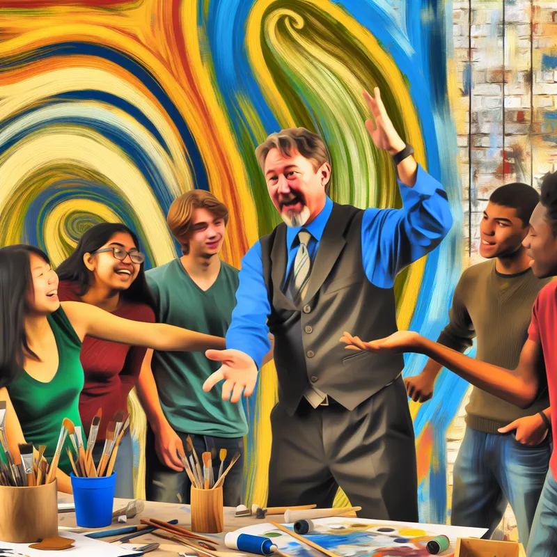 Een vrouwelijke regisseur wijst naar een groep enthousiaste jonge mensen tijdens een creatieve workshop, allemaal met opwinding en kunstmaterialen om hen heen.