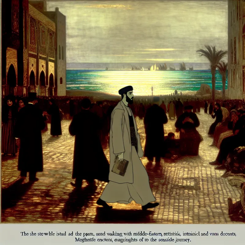 Persoon loopt door drukke straat met gotische elementen en zeehorizon in de verte