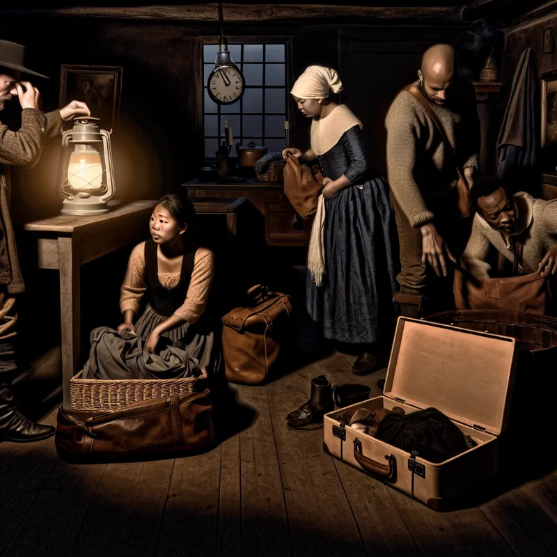 Een groep reizigers pakt hun bezittingen in een donker verlichte kamer terwijl ze haastig zijn om te vertrekken.