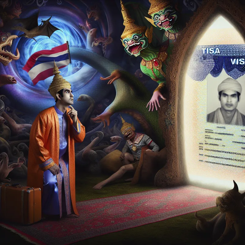 Een reiziger in traditionele kledij voor een visumportaal, omgeven door mythische wezens.