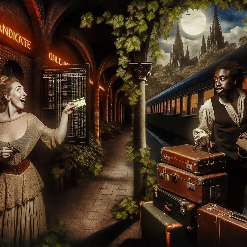 Twee reizigers bij een oud treinstation met een retourticket en een koffer