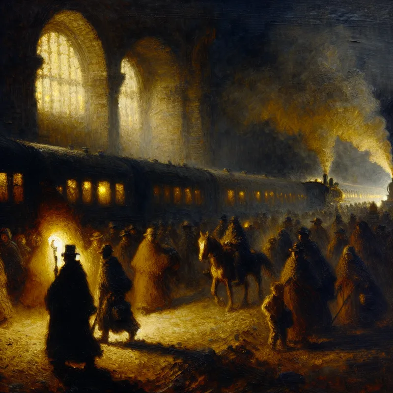 Grote groep reizigers op een stoffig pad richting een verlichte treinstation in Rembrandt-stijl, met paarden, wandelaars en stoomtreinen in dramatisch clair-obscur