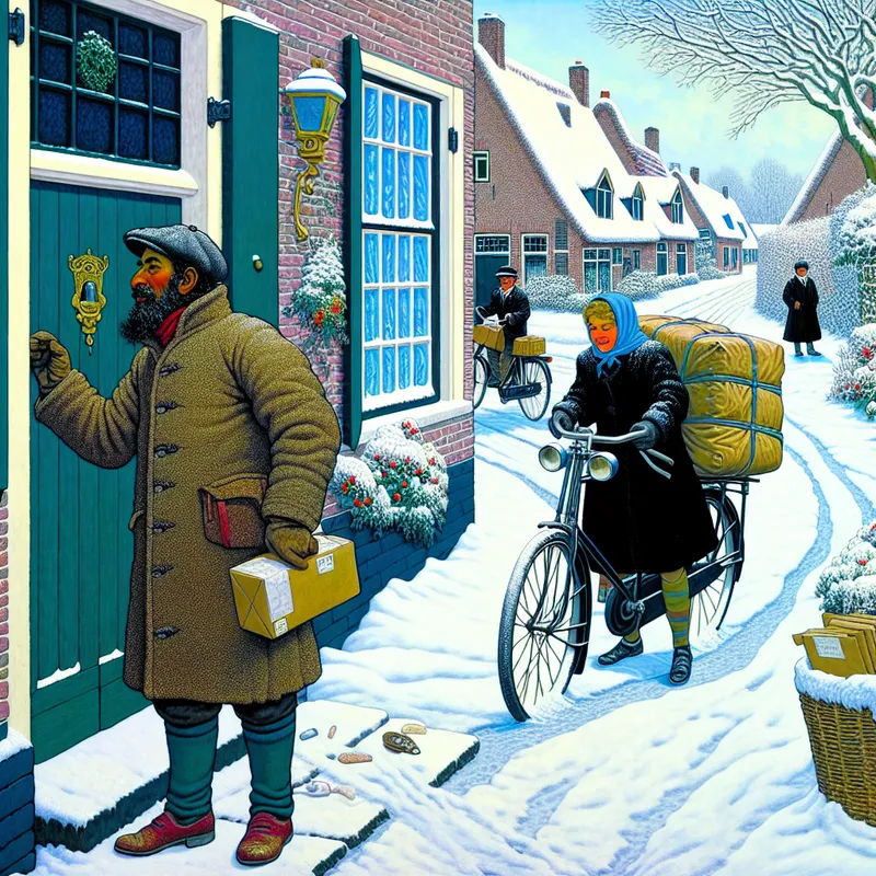 Dutch winterdorp met persoon die hoopvol wacht op pakketbezorger in sneeuw, illustratie van 'rekenen op' in levendige Avercamp-stijl