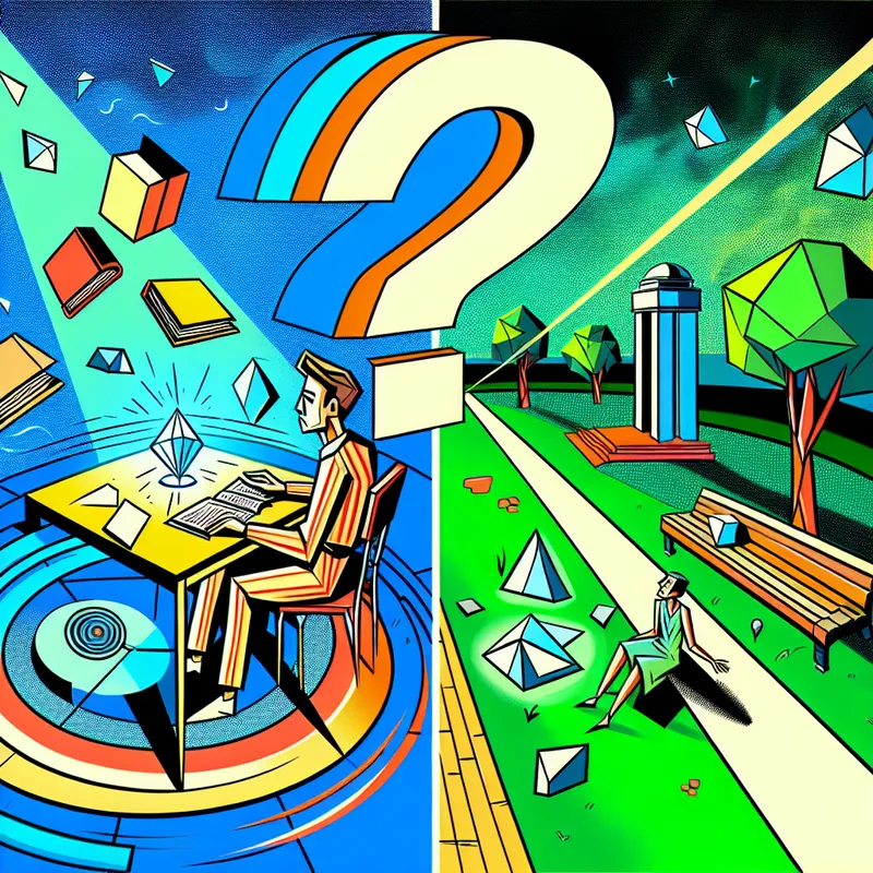 Retro-futuristische illustratie van een persoon die huiswerk maakt en een vriend ontmoet in het park, met de vraag 'Waarmee?' om relaties en verbindingen te symboliseren