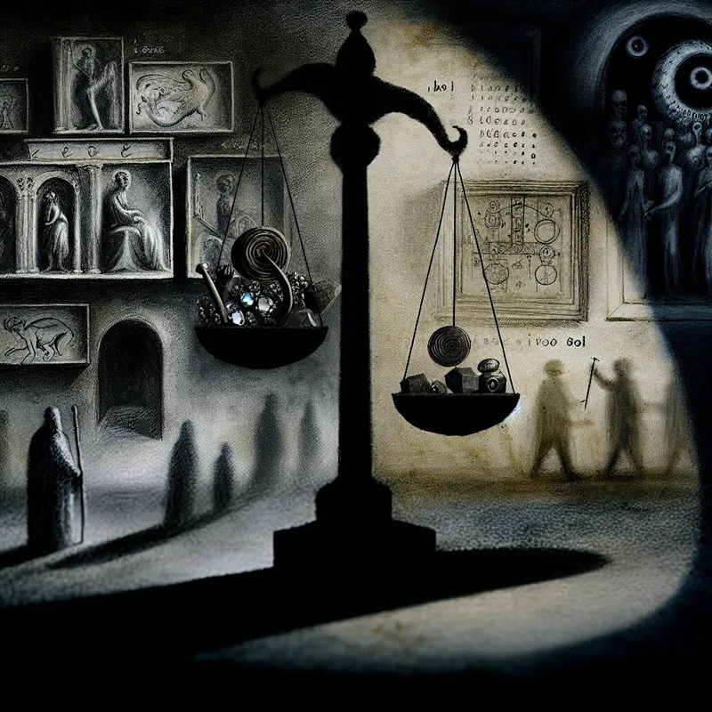 Een complexe scène die het concept van relativiteit en afhankelijkheid weergeeft, met een balans van dure materialen en eenvoudige gereedschappen.