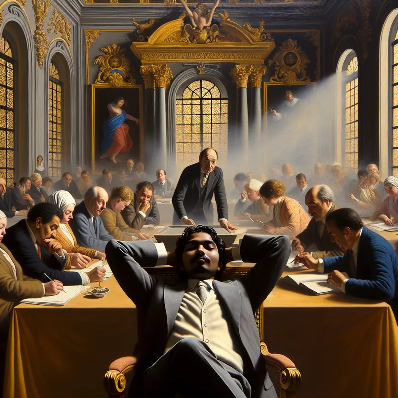 Een ontspannen man met zijn handen achter zijn hoofd in een drukke vergaderkamer met kantoorwerkers