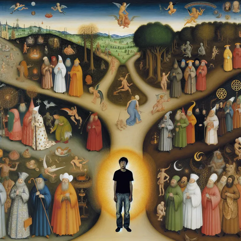 Surrealistisch tafereel van een persoon bij een tweesprong tussen verschillende religies, geïnspireerd op Hieronymus Bosch, met symbolen van christendom, islam, jodendom en boeddhisme