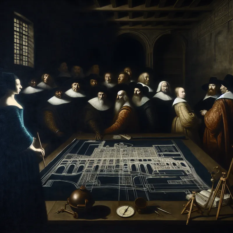 Groep stadfunctionarissen en architect bestuderen gedetailleerd ontwerp van een grote brug in Rembrandt-stijl met chiaroscuro-effecten