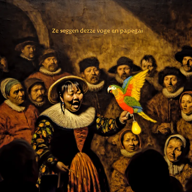 Schilderij in Rembrandt-stijl van mensen rondom een papegaai