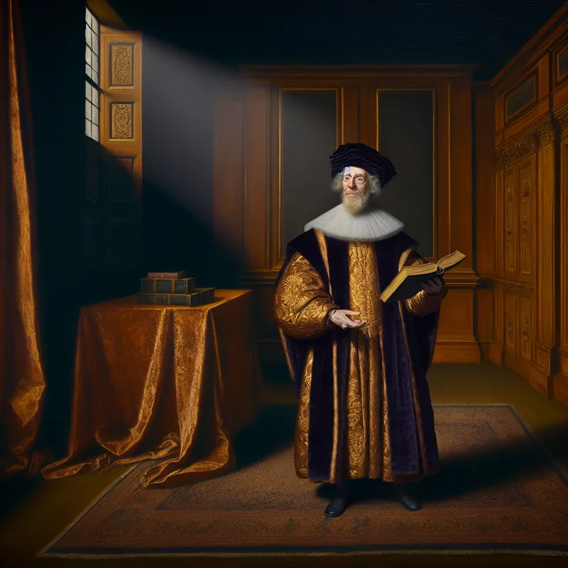 Geleerde spreker in 17e-eeuwse stijl met boek, verlicht door dramatisch licht in een weelderige kamer, symboliseert autoriteit en bescheidenheid met het gebruik van 'wij'