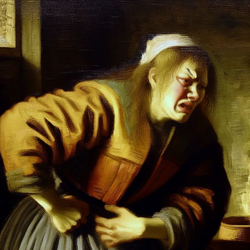 Vrouw in pijn met dramatisch licht en schaduwen in Rembrandt-stijl