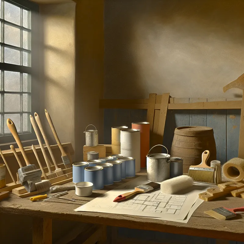 Een serene binnenkant met een verzameling renovatiematerialen, waaronder gereedschap, verfblikken, en blauwdrukken op een houten tafel in zacht licht.