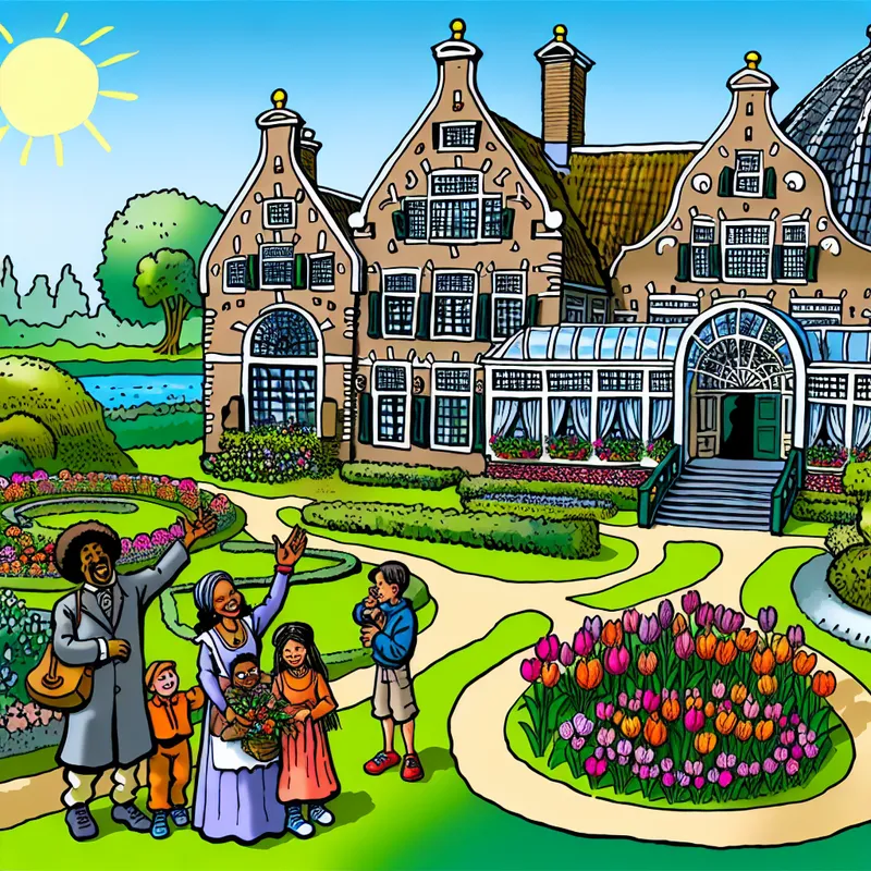 Een cartoonachtige illustratie van een prachtig gerenoveerd landhuis met grote tuinen, waar nieuwsgierige toeristen foto's nemen.