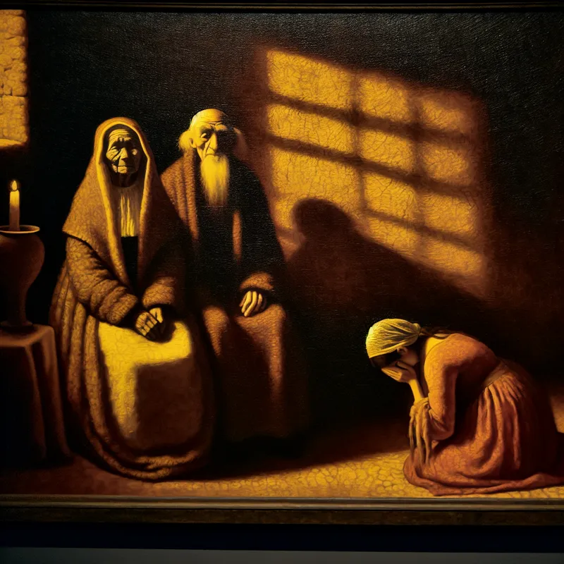 Oudere echtpaar ontvangt eerbiedig bezoek in een warm verlichte kamer, symboliserend respect en hoogachting in Rembrandt-stijl