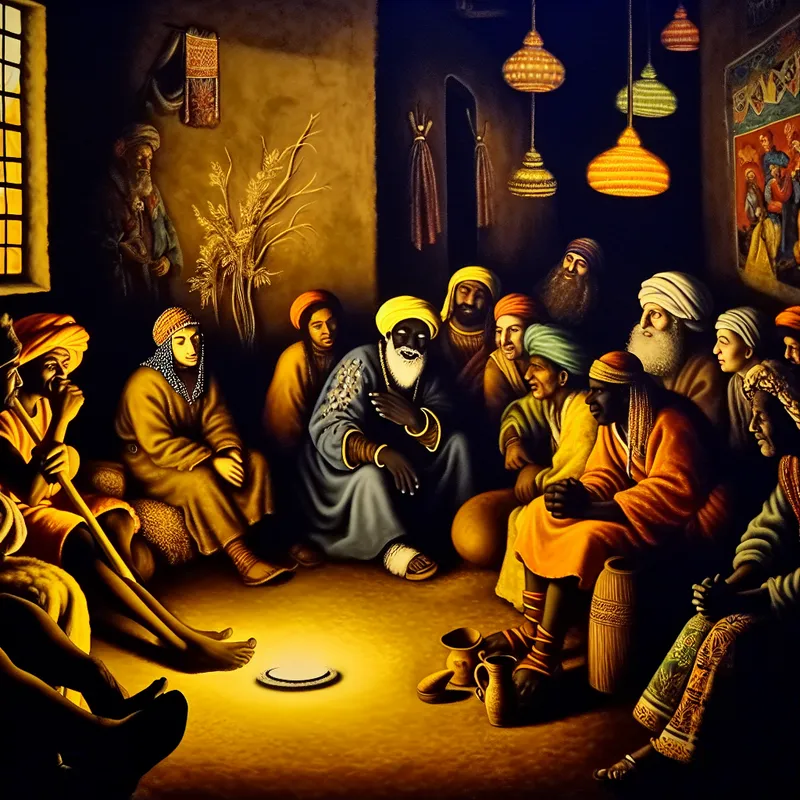 Een diverse groep mensen in een multiculturele gemeenschap discussieert respectvol tijdens een levendig cultureel festival, met een persoon in traditionele kleding die verhalen deelt.