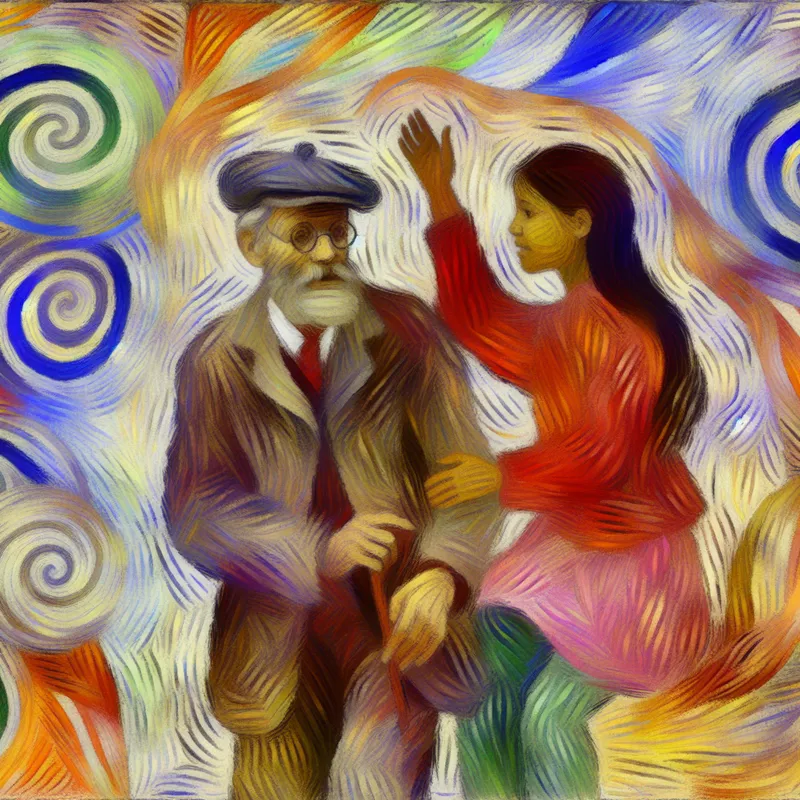 Abstracte voorstelling van een respectvolle interactie tussen een jongere en een oudere man in kleurrijke stijl van Karel Appel