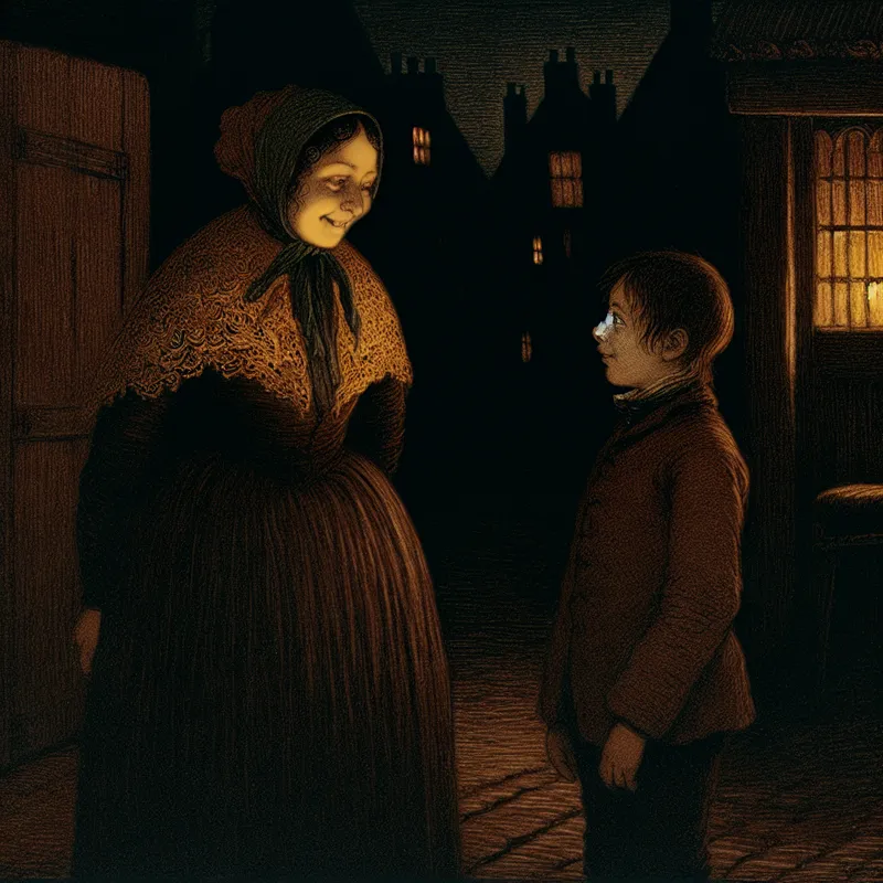 Een kind spreekt een oudere vrouw respectvol aan met 'tante' in een sfeervolle, historische buurt met kaarslicht