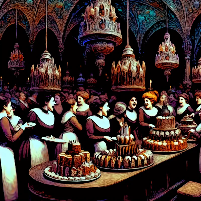 Illustratie van een sfeervol restaurant met een luxe dessertdisplay vol prachtig gemaakte gebakjes en desserts, met gelukkige gasten die genieten van hun lekkernijen.