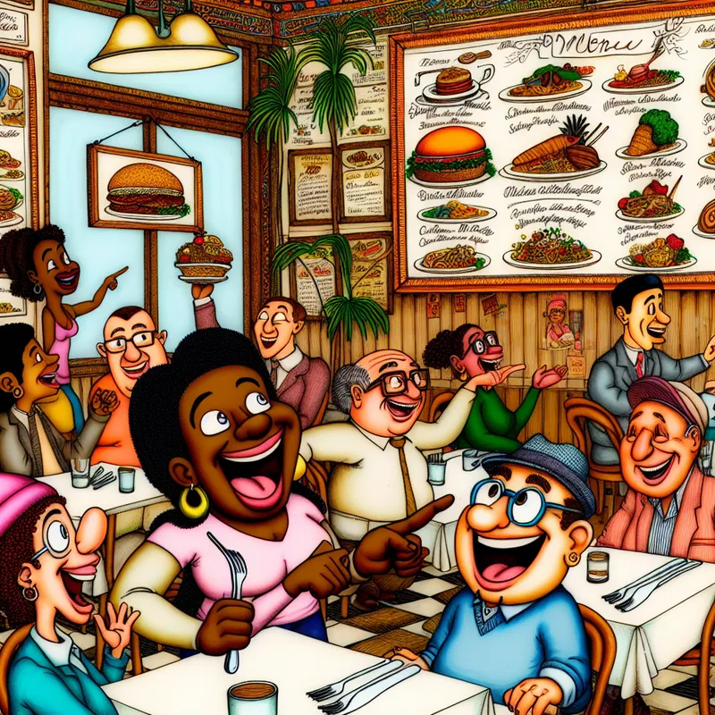 Een levendig en cartoonachtig tafereel in een restaurant met diverse gasten die een kleurrijk menu bespreken.