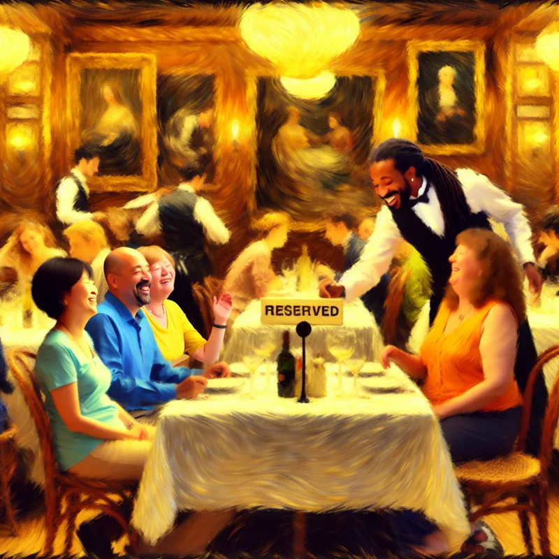 Gastvrije scène in een levendig restaurant waar een ober vier gasten verwelkomt bij een gereserveerde tafel met een 'Reserved' bordje, in de stijl van Frans Hals