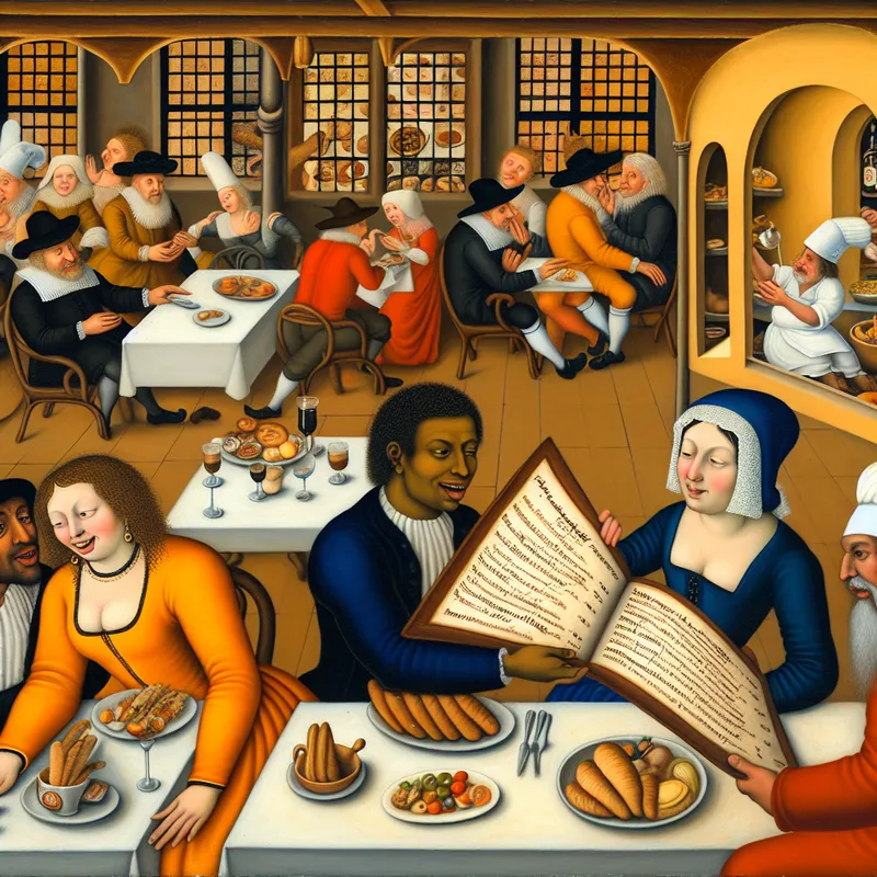 Een druk eetcafé met een ober die een menu presenteert aan een opgewonden stel, terwijl andere gasten achter hen aan het praten zijn.