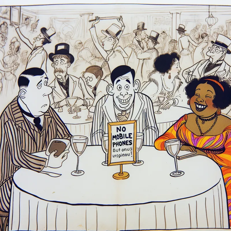 Een levendige cartoonafbeelding van een restauranttafel vol met mensen, met een bord 'Geen mobiele telefoons' in het midden.