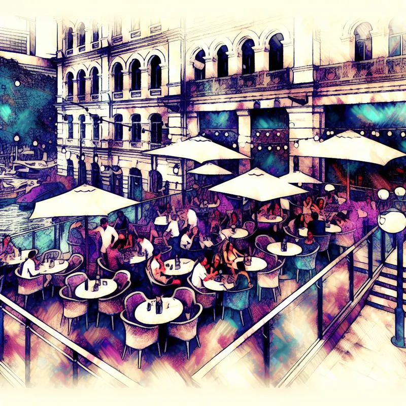 mensen dineren op een terras in de stijl van Félicien Rops, met gotische elementen