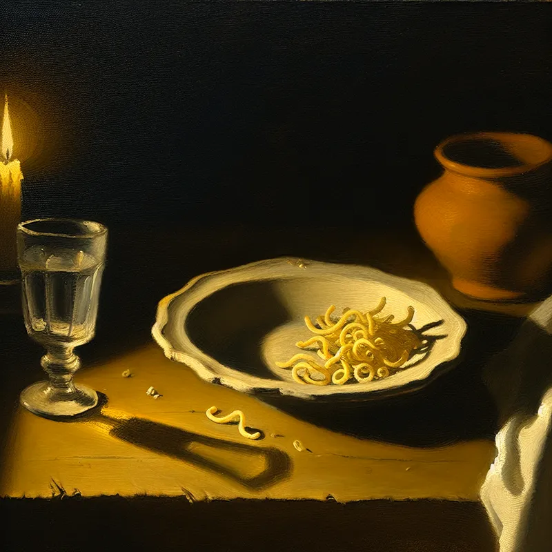 Stilleven schilderij in Rembrandt-stijl van een halfleeg bord met opgedroogde pastarestjes op een houten tafel, omringd door een glas water en een servet