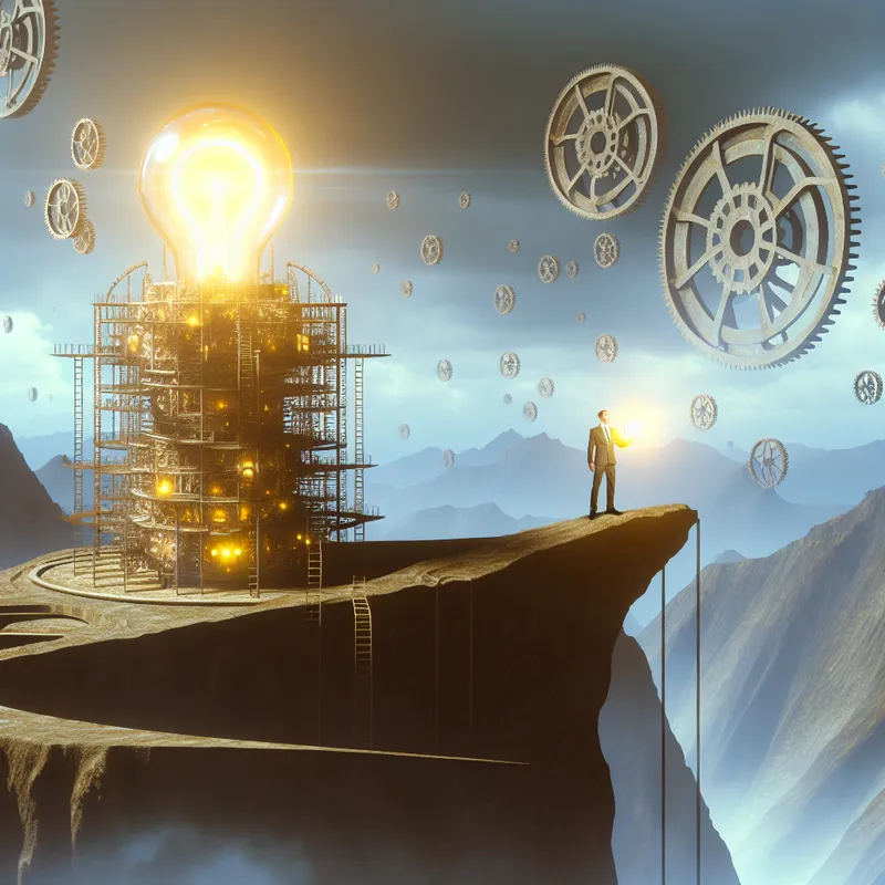 Surrealistisch landschap met monumentale machine-achtige structuur en persoon met gouden bol als symbool van resultaat en succes door hard werken