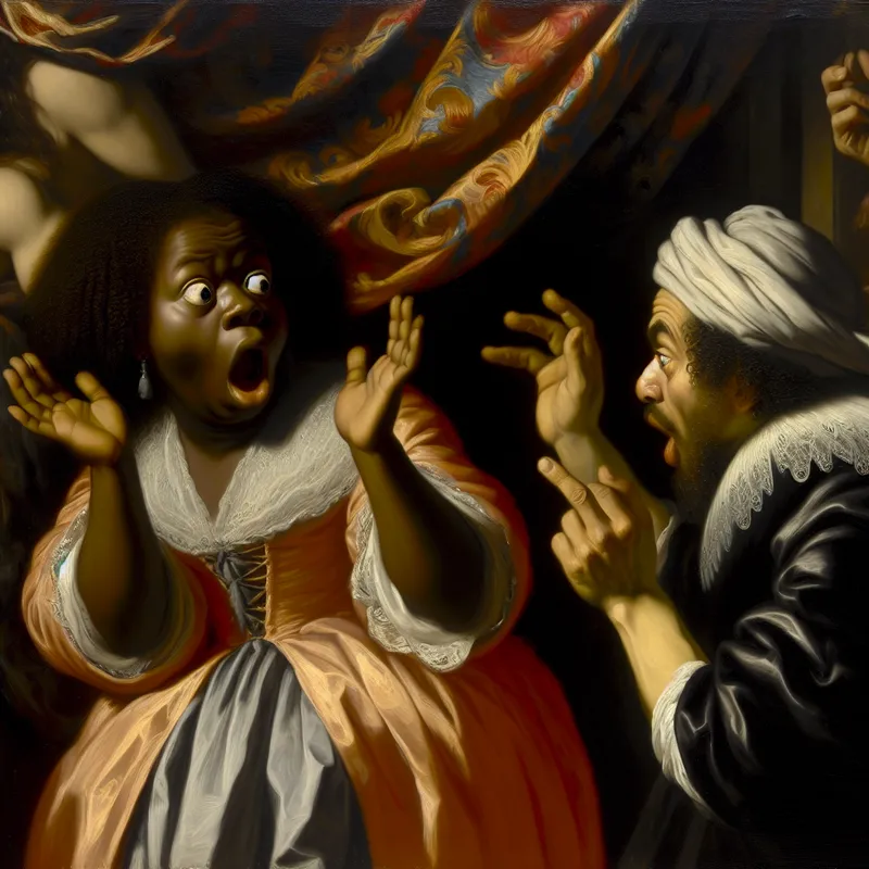 Barokke schilderkunst in de stijl van Rubens met dramatische figuren die verbazing en ongeloof uitdrukken door een retorische vraag