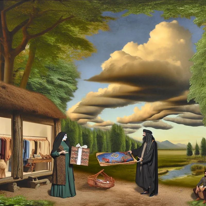 Een tevreden klant die een mooi ingepakt kledingstuk overhandigt aan een winkeleigenaar voor een retour in een gezellige, rustieke winkel