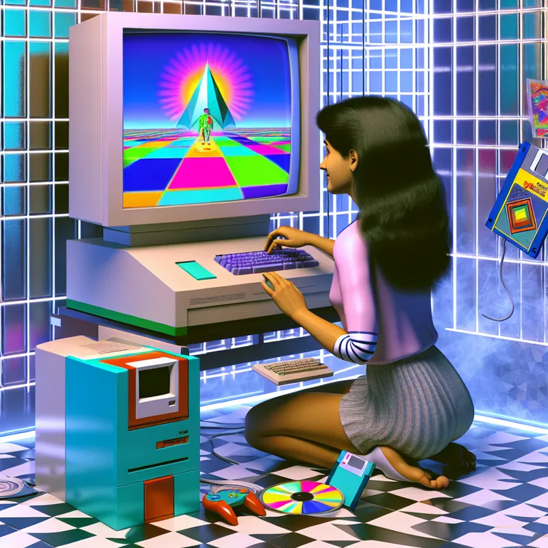 Retro-futuristische afbeelding van een jonge persoon die een kleurrijk spel installeert op een 1980s computer, omringd door retro tech zoals floppy disks en een joystick.