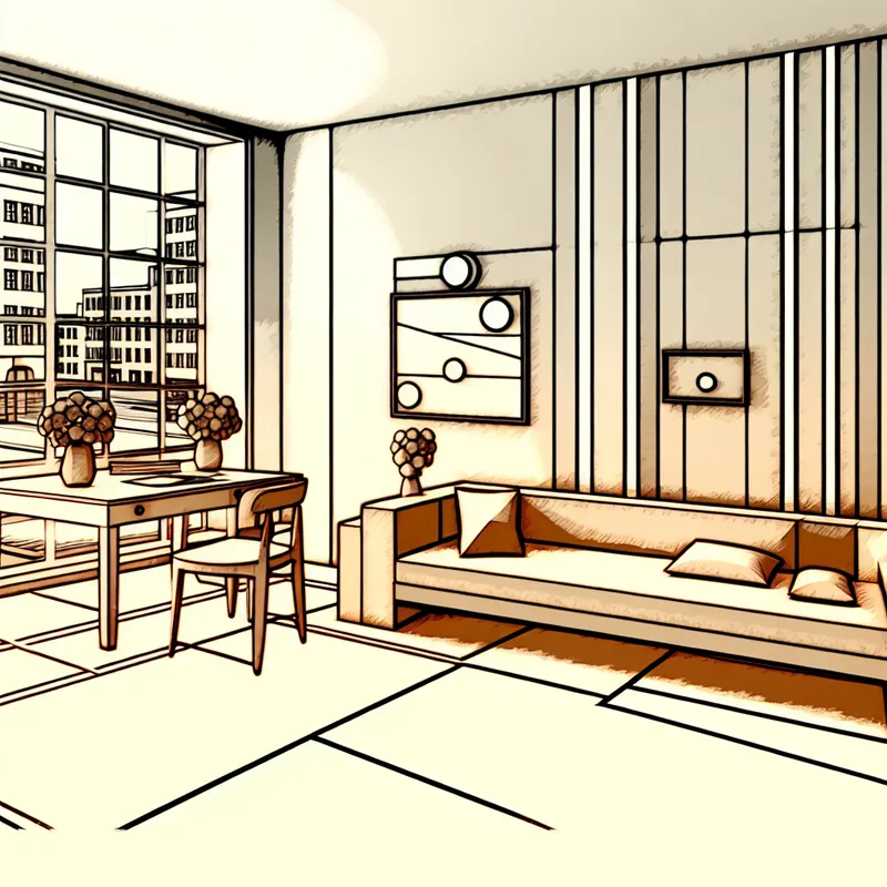 Retro-futuristisch appartement interieur met een gezellige sfeer, featuring eenvoudige meubels en planten.