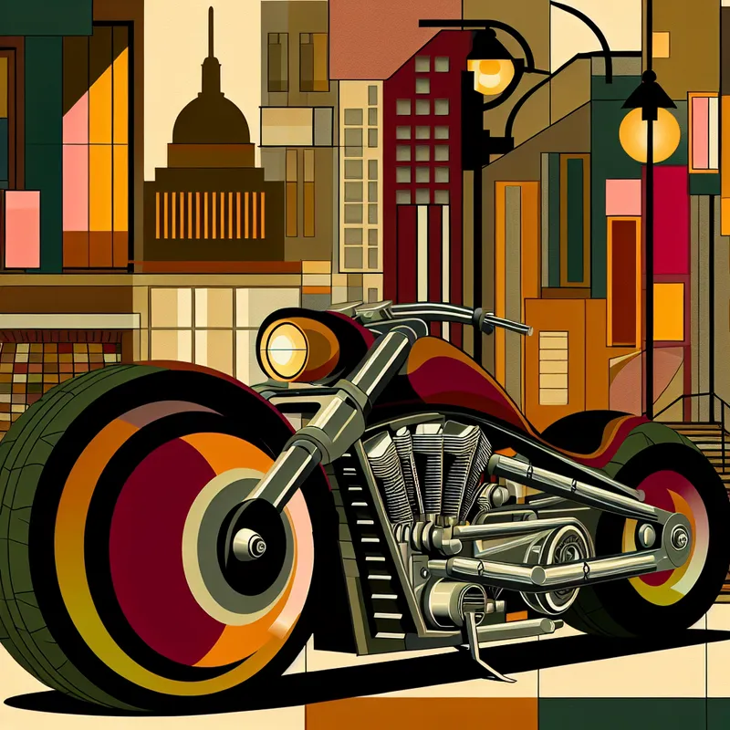 Retro-futuristische illustratie van een reusachtige, krachtige motorfiets in een stedelijke omgeving, benadrukt grootte en kracht