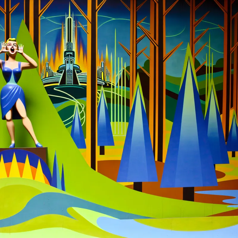 Een persoon staat op een heuvel in een retro-futuristisch bos, met handen om hun mond om te roepen.