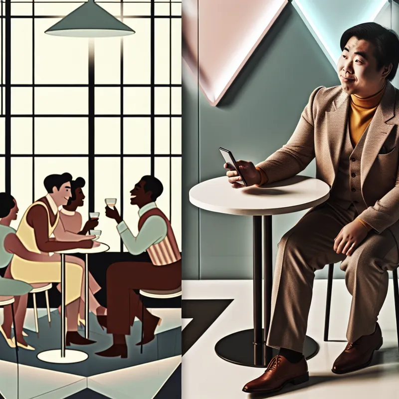 Retro-futuristisch cafe met persoon die alleen aan tafel zit en naar smartphone kijkt.