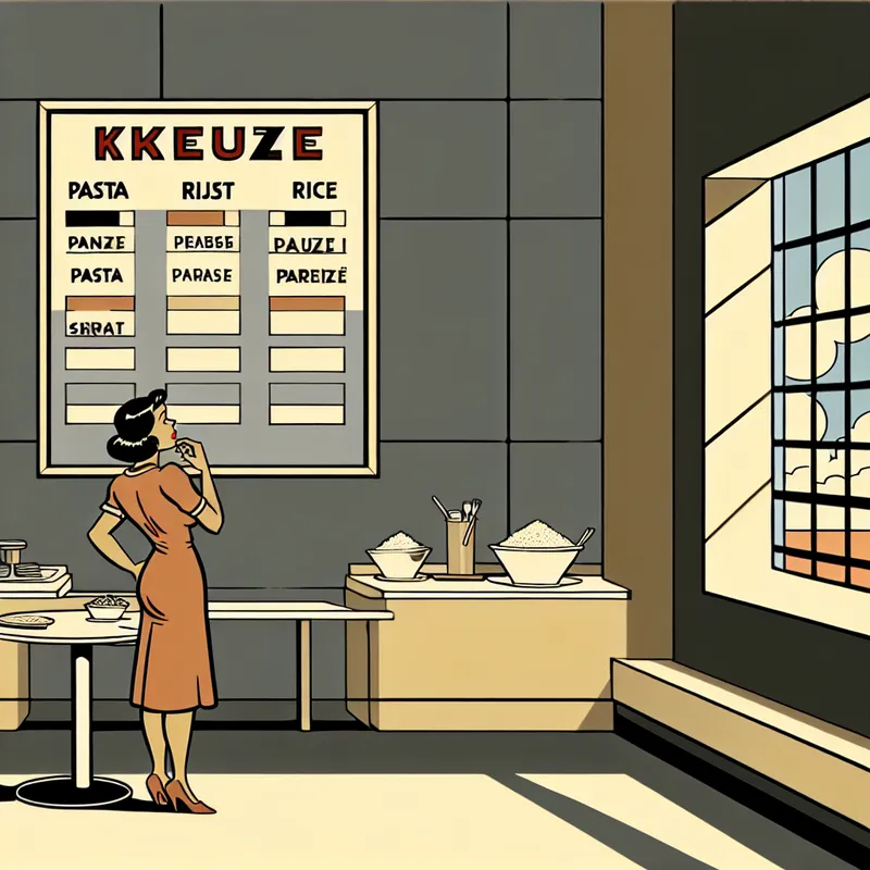 Een persoon met handen op de heupen staat voor een menu in een modern café met keuzes tussen 'Pasta' en 'Rijst'.