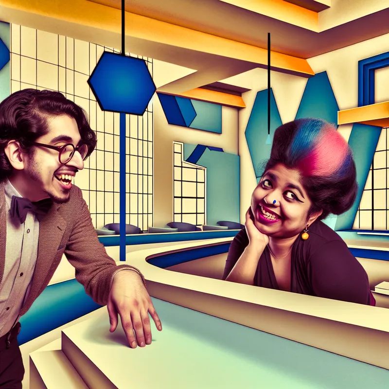 Twee mensen in een retro-futuristische café-setting met een man en vrouw in gesprek.