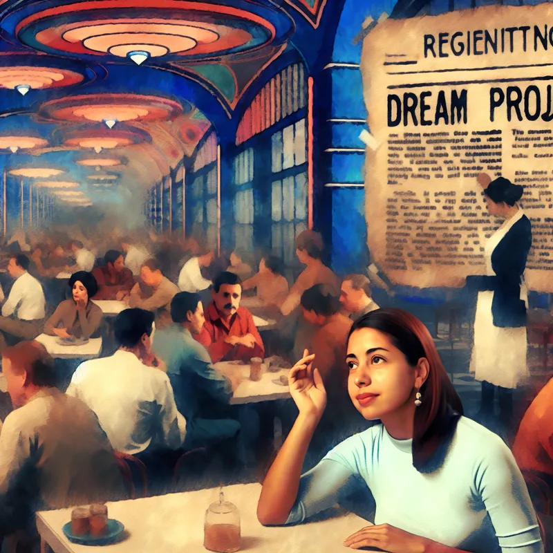 Een retro-futuristisch café met een nadenkende persoon die wijst naar een oude krantenknipsel aan de muur, terwijl andere klanten in gesprekken betrokken zijn.