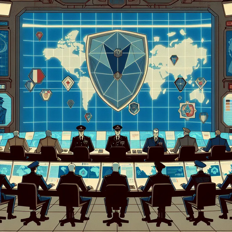 Retro-futuristische illustratie van een hightech militaire commandocentrum met een digitale wereldkaart, strategische markers en uniformpersoneel dat wereldwijde veiligheidsdreigingen analyseert
