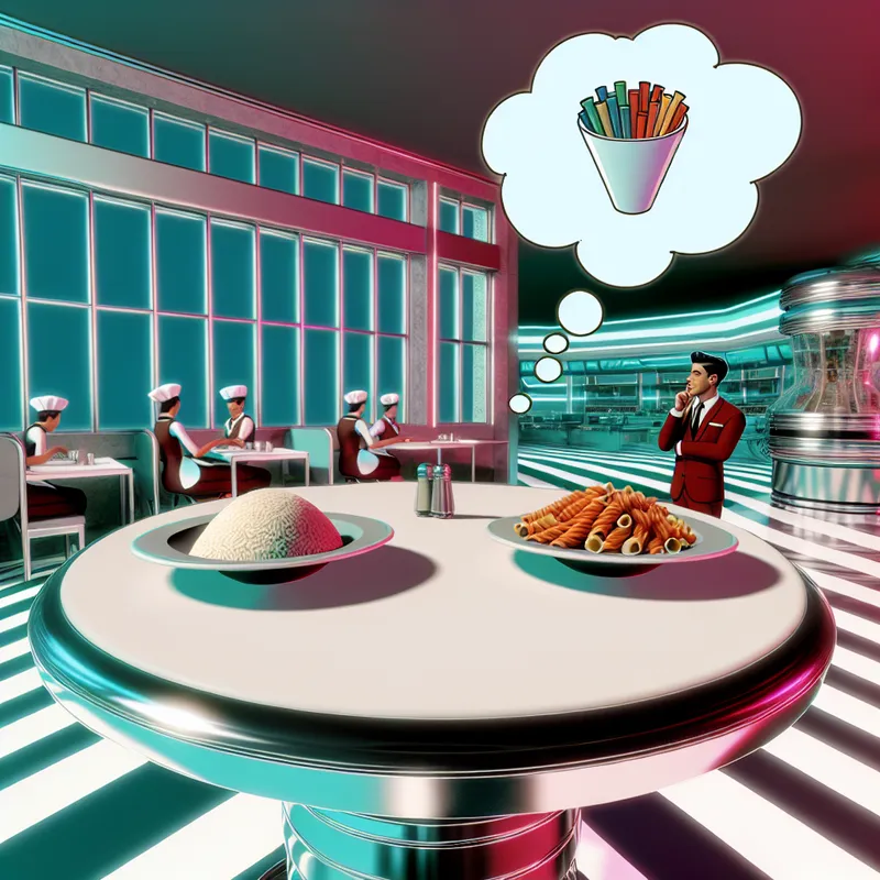 Een retro-futuristische diner scène met een rond tafel met een bord pasta en een bord rijst tegenover elkaar, een klant in gedachten over zijn keuze.