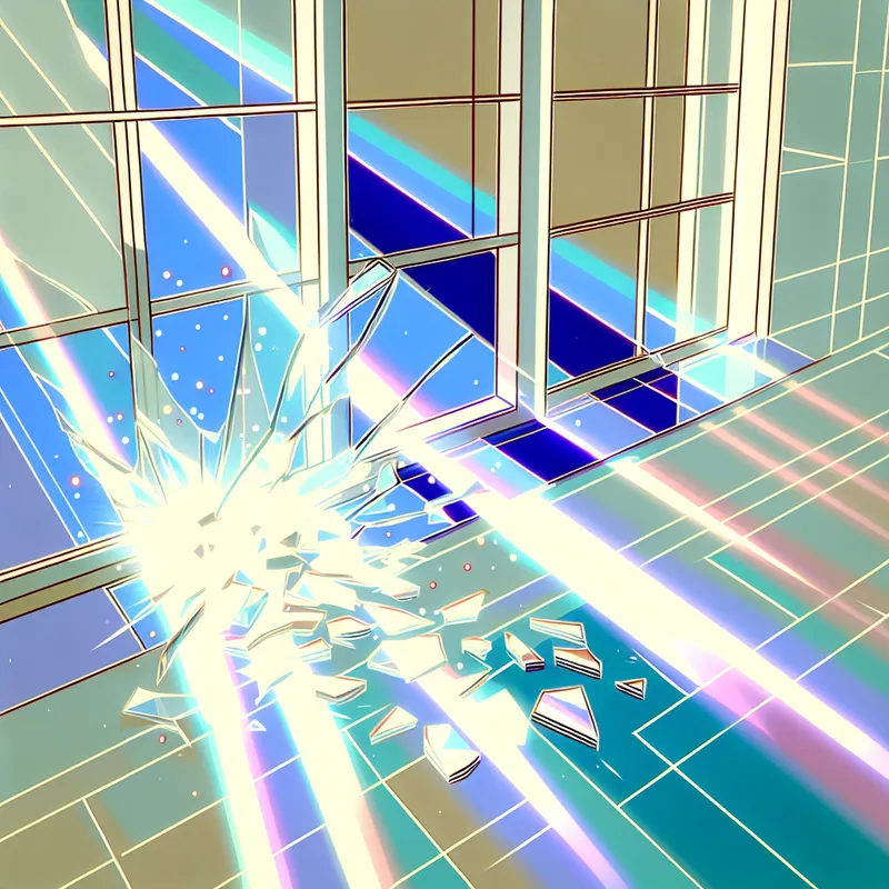 Retro-futuristische illustratie van een gebroken raam met glasfragmenten op de grond