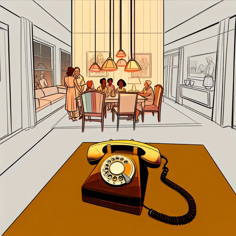 Retro-futuristische woonkamer met klassieke draaitelefoon en familie