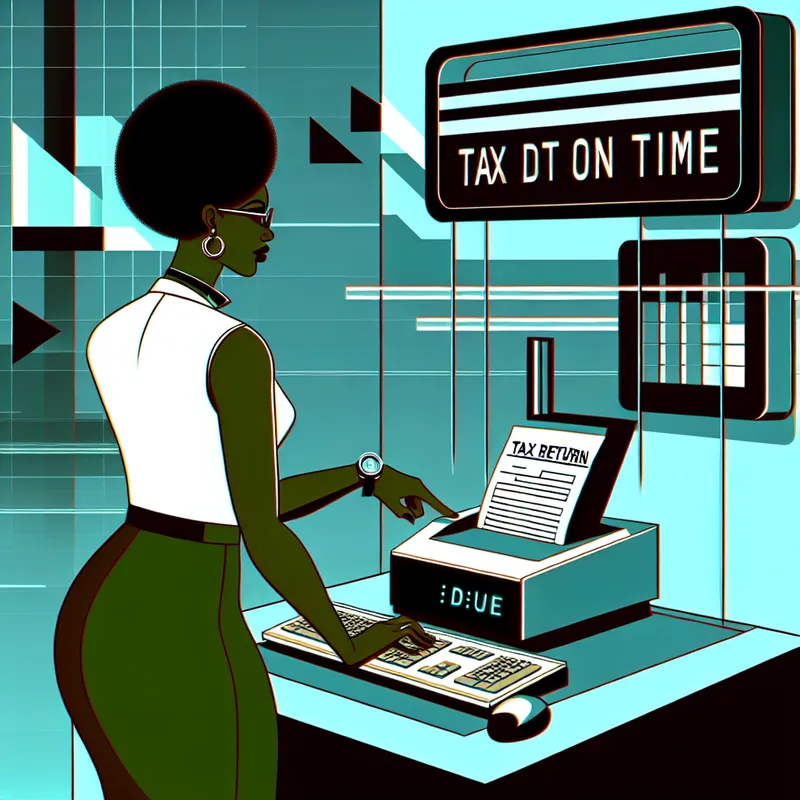 Een werknemer in smart casual kleding die geconcentreerd een belastingaangifte typt op een futuristische computer in een retro-futuristisch kantoor