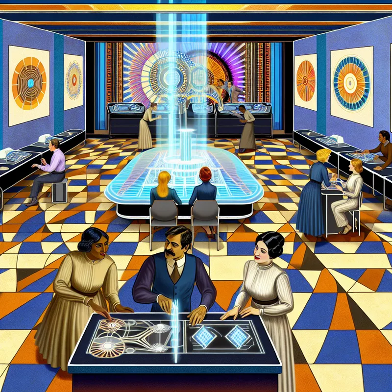 Retro-futuristisch kantoor met diverse mensen die een training volgen met moderne technologie