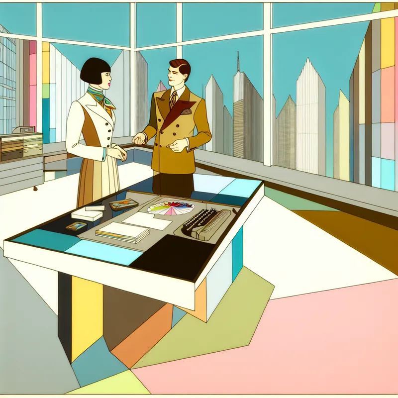 Twee zakenpartners in een retro-futuristisch kantoor, staande bij een geometrisch bureau, met moderne kleding en een grote venster met een futuristische stad op de achtergrond.