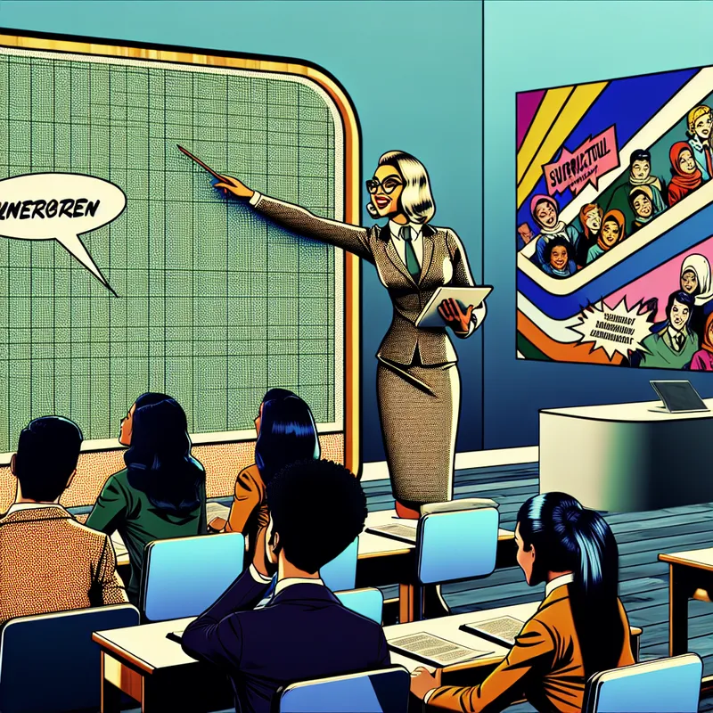 Een enthousiaste docent geeft les in een retro-futuristisch ingerichte klaslokaal aan diverse leerlingen.